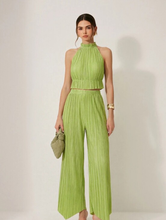 Commense Pants - Commense Green Pleated Halter Top & Pants Set Size L